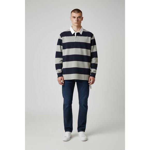 Piombo Men's Long Sleeve Striped Polo Sweatshirt Gray/Black Size Large NWT - Picture 2 of 12